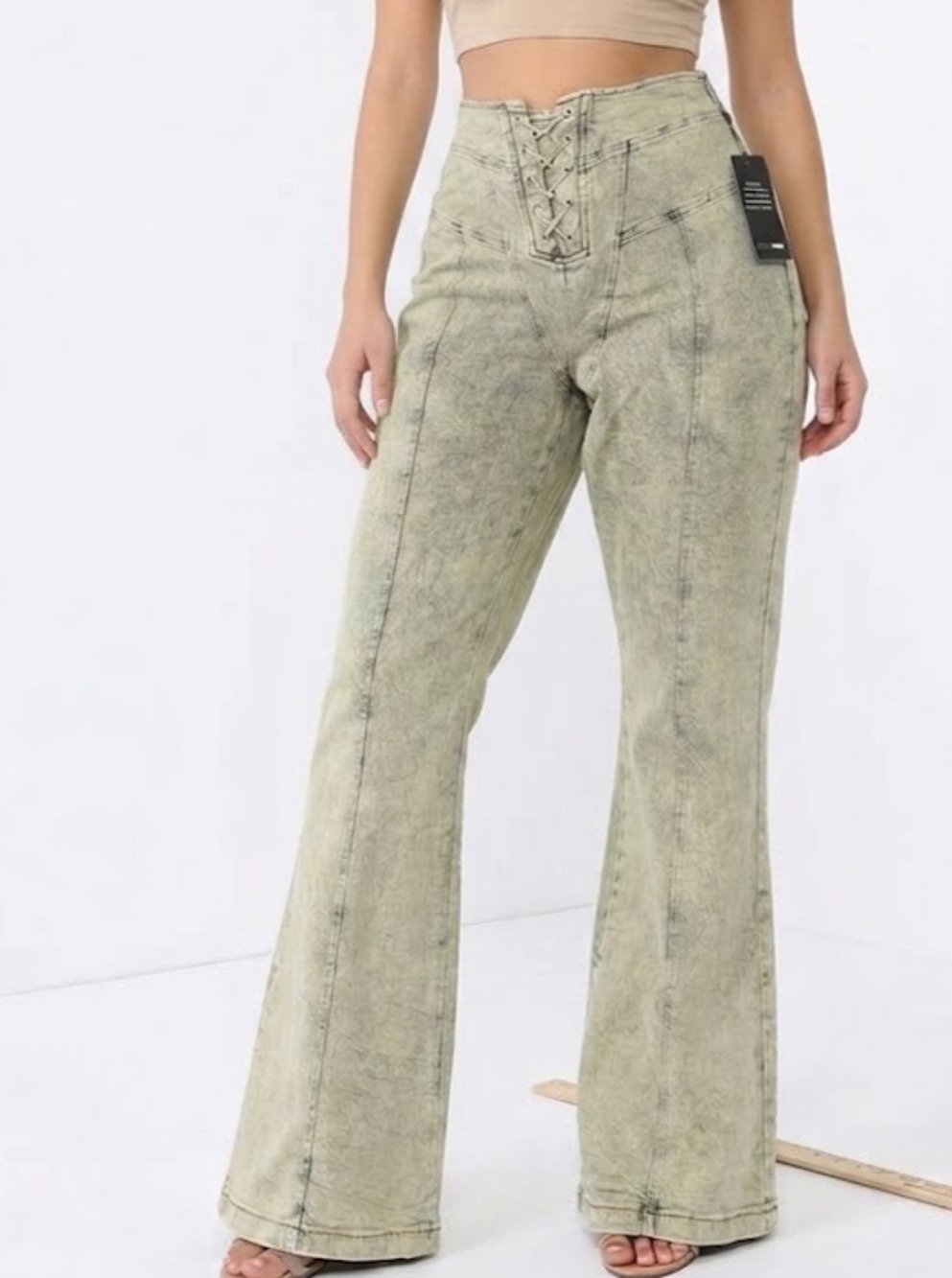 Fashion Nova Women 2X Sage Green Lace Up Flare Pants Acid Wash High Rise NWT